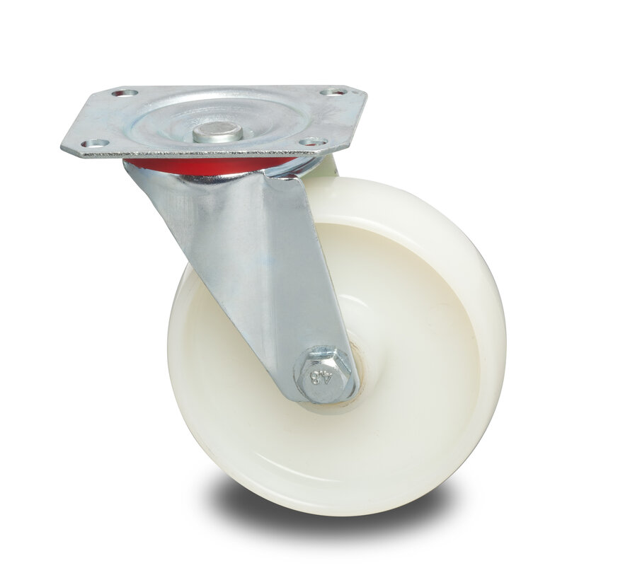 Industrieel zwenkwiel van geperst staal, plaatbevestiging, polyamide wiel, rollager, wiel-Ø 80mm, 150KG