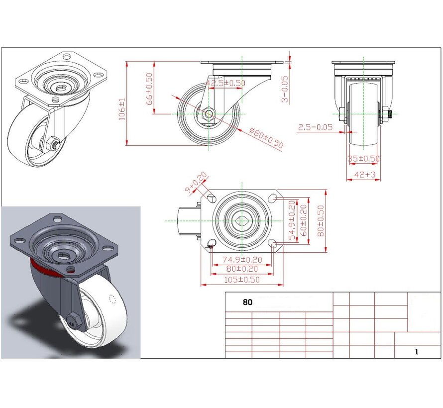 Industrial Swivel caster from pressed steel, plate fitting, Polyamide wheel, roller bearing, Wheel-Ø 80mm, 150KG