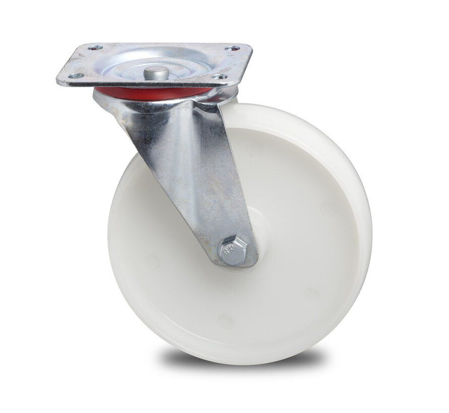 Industrieel zwenkwiel van geperst staal, plaatbevestiging, polyamide wiel, rollager, wiel-Ø 150mm, 300KG