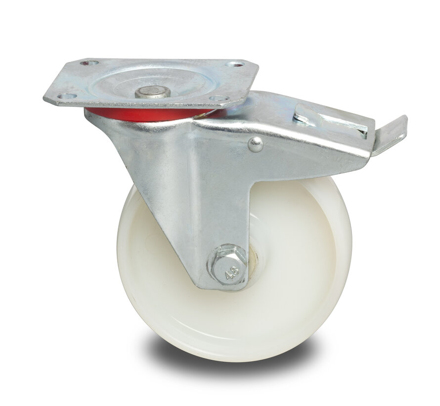 Industrial Swivel caster with brake from pressed steel, plate fitting, Polyamide wheel, roller bearing, Wheel-Ø 80mm, 150KG