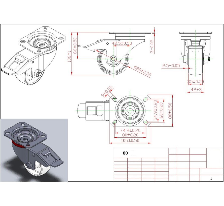 Industrieel zwenkwiel met rem van geperst staal, plaatbevestiging, polyamide wiel, rollager, wiel-Ø 80mm, 150KG