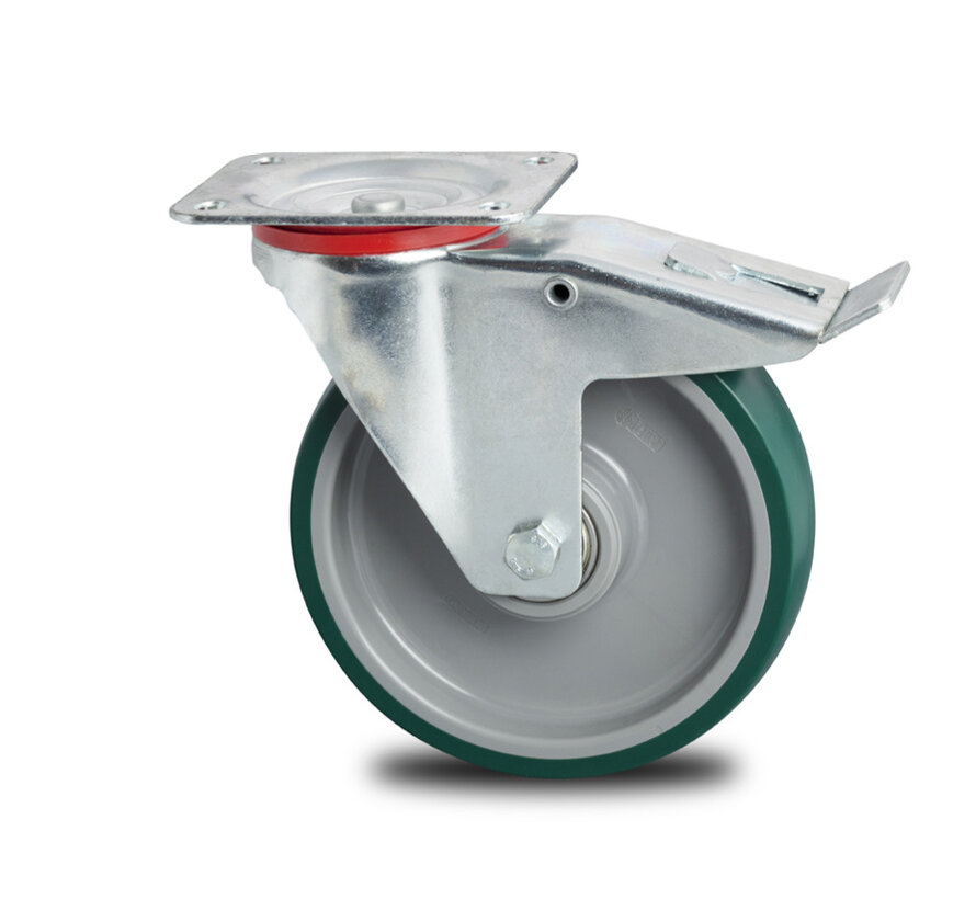 Industrial Swivel caster with brake from pressed steel, plate fitting, Injected polyurethane, precision ball bearing, Wheel-Ø 100mm, 150KG