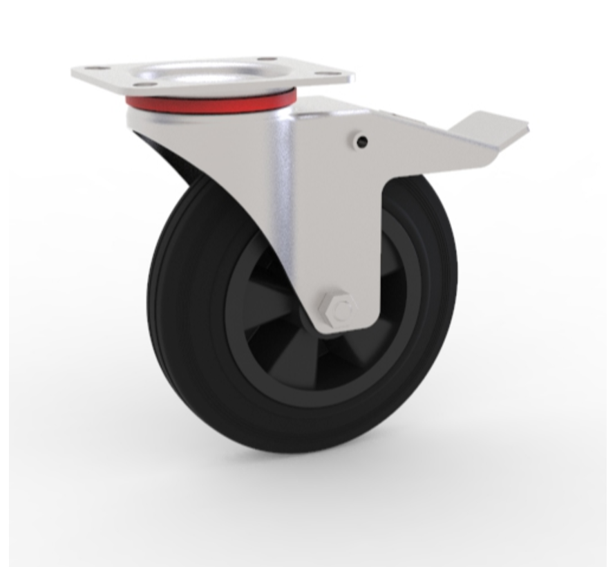 Industrial Swivel caster with brake from pressed steel, plate fitting, rubber, black, roller bearing, Wheel-Ø 80mm, 65KG