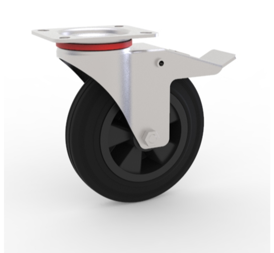 Industrial Swivel caster with brake from pressed steel, plate fitting, rubber, black, roller bearing, Wheel-Ø 100mm, 80KG