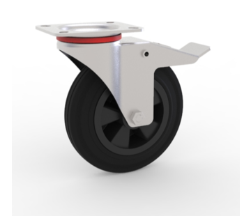 zwenkwiel met rem, Ø 125mm, zwarte rubberband, 100KG