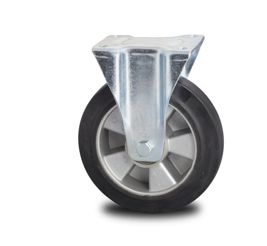 Industrial Fixed Castor, Ø200mm Elastic Rubber Tyre, Precision Ball Bearing, Reinforced Pressed Steel Fork and Plate Fitting – 400kg Load Capacity