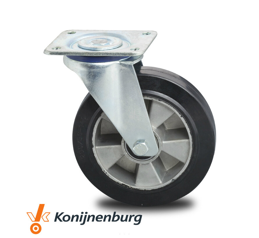 Industrieel zwenkwiel, elastische rubberen band Ø 160 mm, precisiekogellagers, versterkte geperste stalen vork en plaatbevestiging - draagvermogen 300 kg
