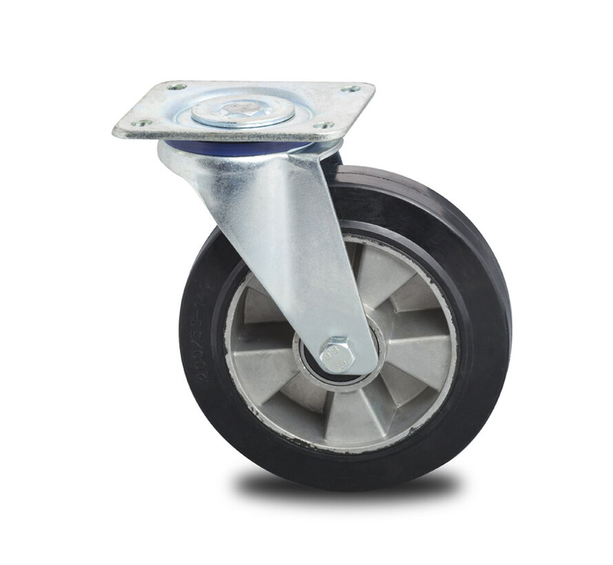 Industrial Swivel Castor, Ø200mm Elastic Rubber Tyre, Precision Ball Bearing, Reinforced Pressed Steel Fork and Plate Fitting – 400kg Load Capacity