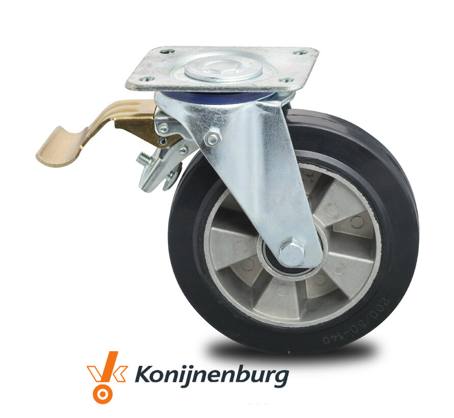 Industrieel zwenkwiel met rem, elastische rubberen band Ø 125 mm, precisiekogellagers, versterkte geperste stalen vork en plaatbevestiging - draagvermogen 250 kg