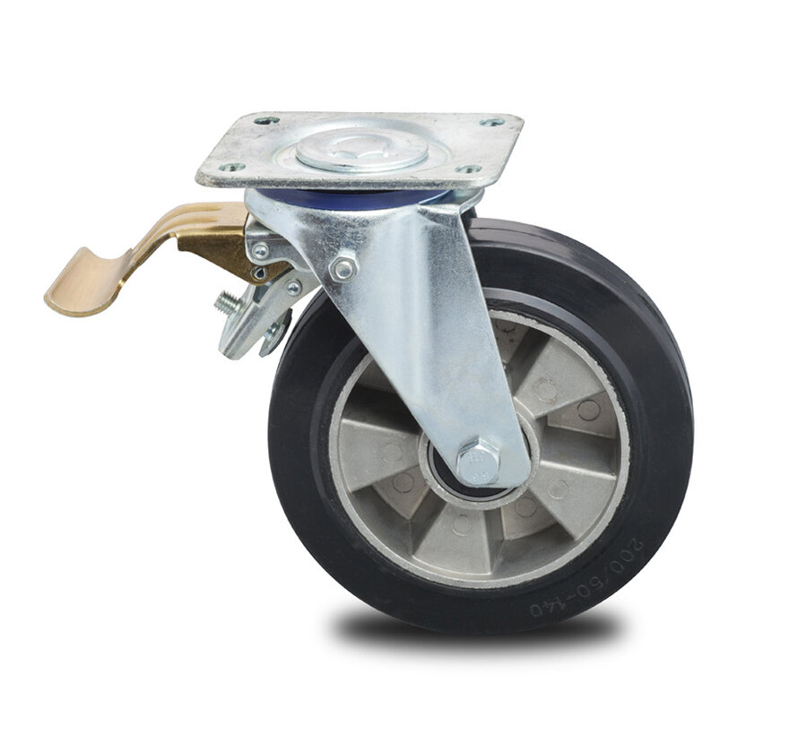 Industrieel zwenkwiel met rem, elastische rubberen band Ø 200 mm, precisiekogellagers, versterkte geperste stalen vork en plaatbevestiging - draagvermogen 400 kg