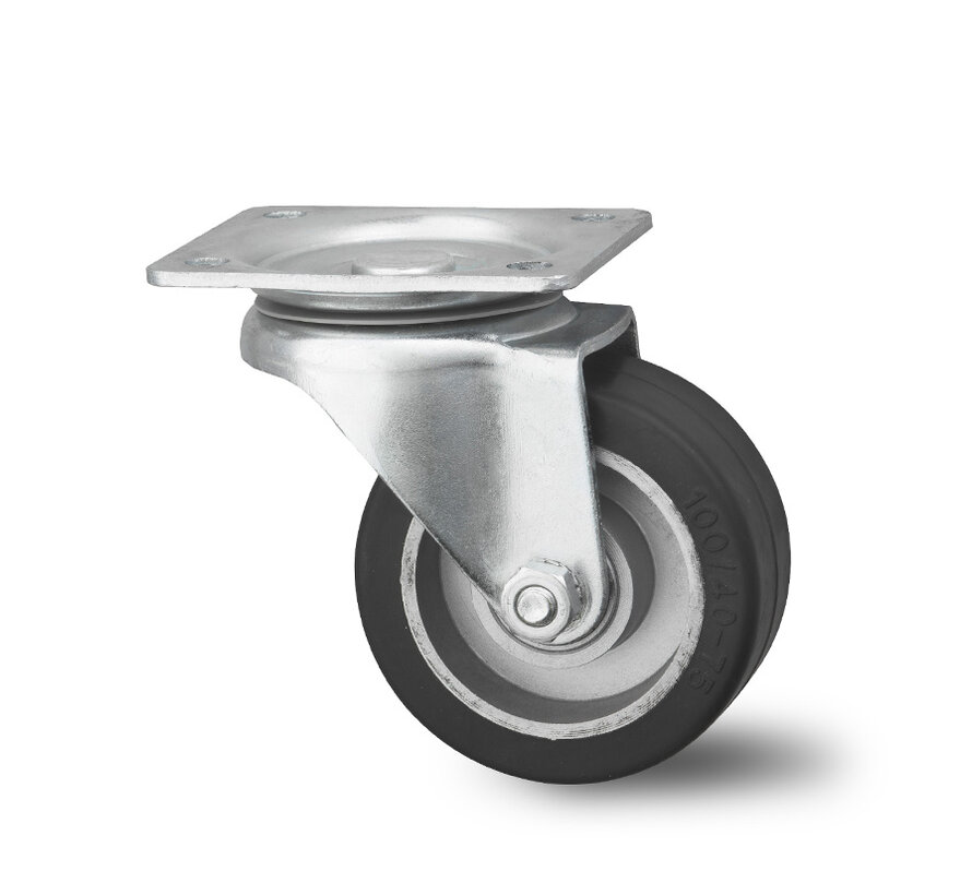 Industrial Reinforced Housing Swivel caster from Pressed hard steel, plate fitting, elastic-tyre, precision ball bearing, Wheel-Ø 100mm, 150KG
