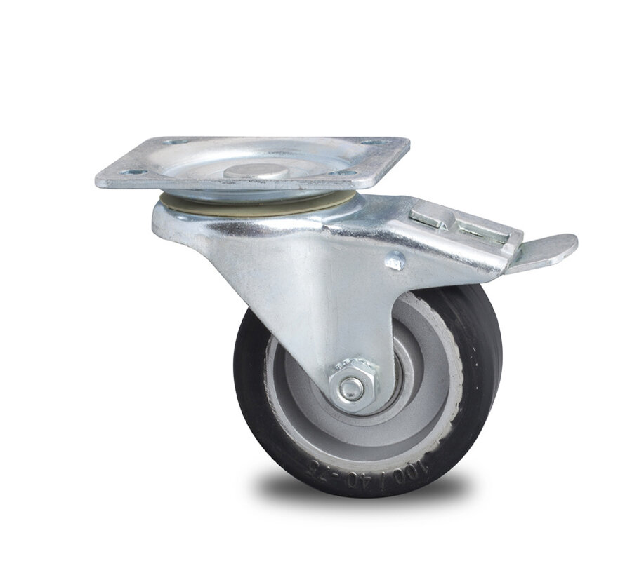 Industrial Reinforced Housing Swivel caster with brake from Pressed hard steel, plate fitting, elastic-tyre, precision ball bearing, Wheel-Ø 100mm, 150KG