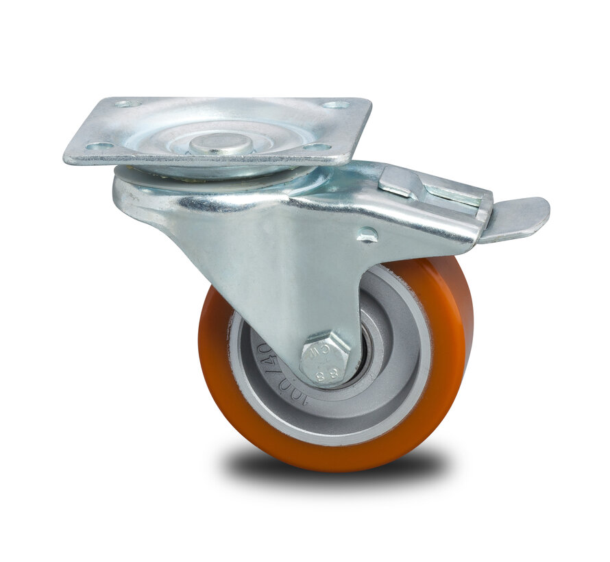 Industrial Reinforced Housing Swivel caster with brake from Pressed hard steel, plate fitting, Vulcanized Polyurethane tread, precision ball bearing, Wheel-Ø 100mm, 200KG