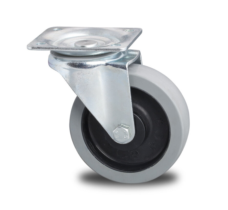 Industrial Reinforced Housing Swivel caster from Pressed hard steel, plate fitting, elastic-tyre, roller bearing, Wheel-Ø 125mm, 200KG