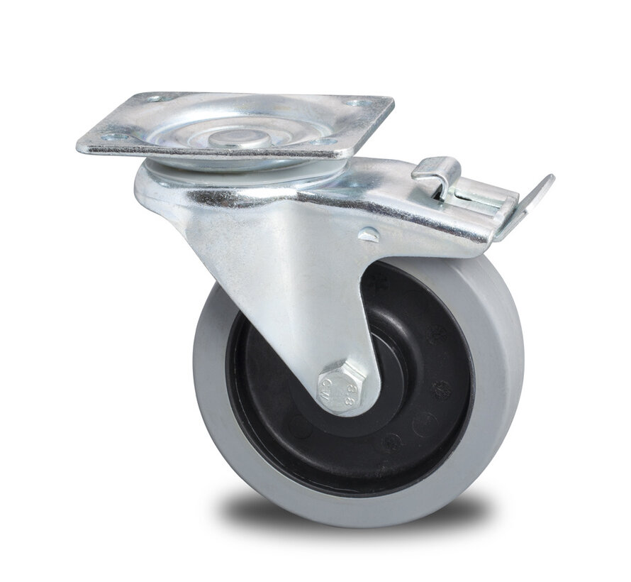 Industrial Reinforced Housing Swivel caster with brake from Pressed hard steel, plate fitting, elastic-tyre, roller bearing, Wheel-Ø 100mm, 150KG