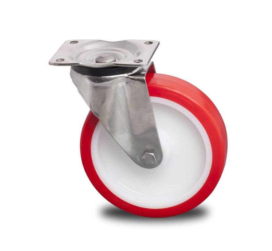 Stainless Steel Swivel caster from Stainless Steel Pressed, plate fitting, Injected polyurethane, plain bearing, Wheel-Ø 125mm, 300KG
