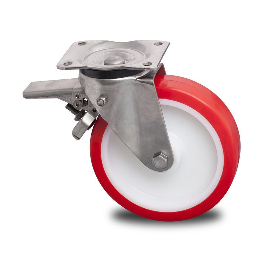 Stainless Steel Swivel caster with brake from Stainless Steel Pressed, plate fitting, Injected polyurethane, plain bearing, Wheel-Ø 125mm, 300KG