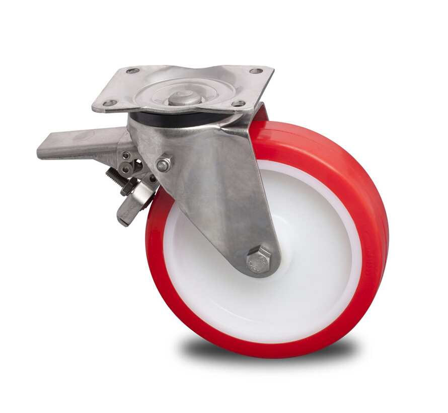 Stainless Steel Swivel caster with brake from Stainless Steel Pressed, plate fitting, Injected polyurethane, plain bearing, Wheel-Ø 160mm, 450KG