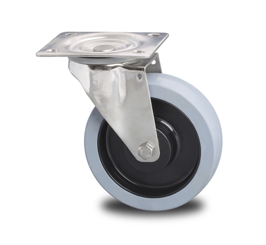 Stainless Steel Swivel caster from Stainless Steel Pressed, plate fitting, Vulcanized elastic rubber tires, 2-RS precision ball bearings, Wheel-Ø 125mm, 200KG