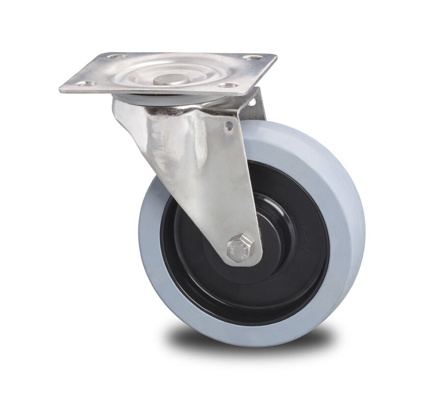 Zwenkwiel van roestvrij staal, geperst roestvrij staal, plaatbevestiging, gevulkaniseerde elastische rubberbanden, 2-RS precisiekogellagers, wiel-Ø 125 mm, 200 kg