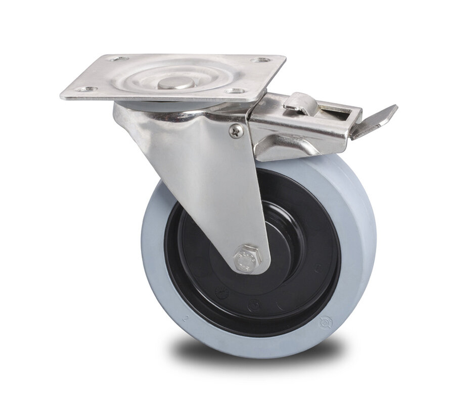Zwenkwiel van roestvrij staal met rem van geperst roestvrij staal, plaatbevestiging, gevulkaniseerde elastische rubberbanden, 2-RS precisiekogellagers, wiel-Ø 100 mm, 150 kg