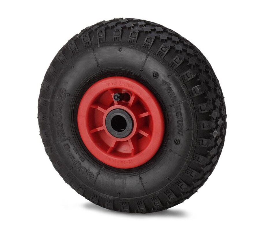 Zwaar industrieel wiel, Ø400x100mm luchtband met blokprofiel, polyamide wielnaaf, rollager, asgat Ø20mm, naaflengte 75mm – belastbaar tot 250kg