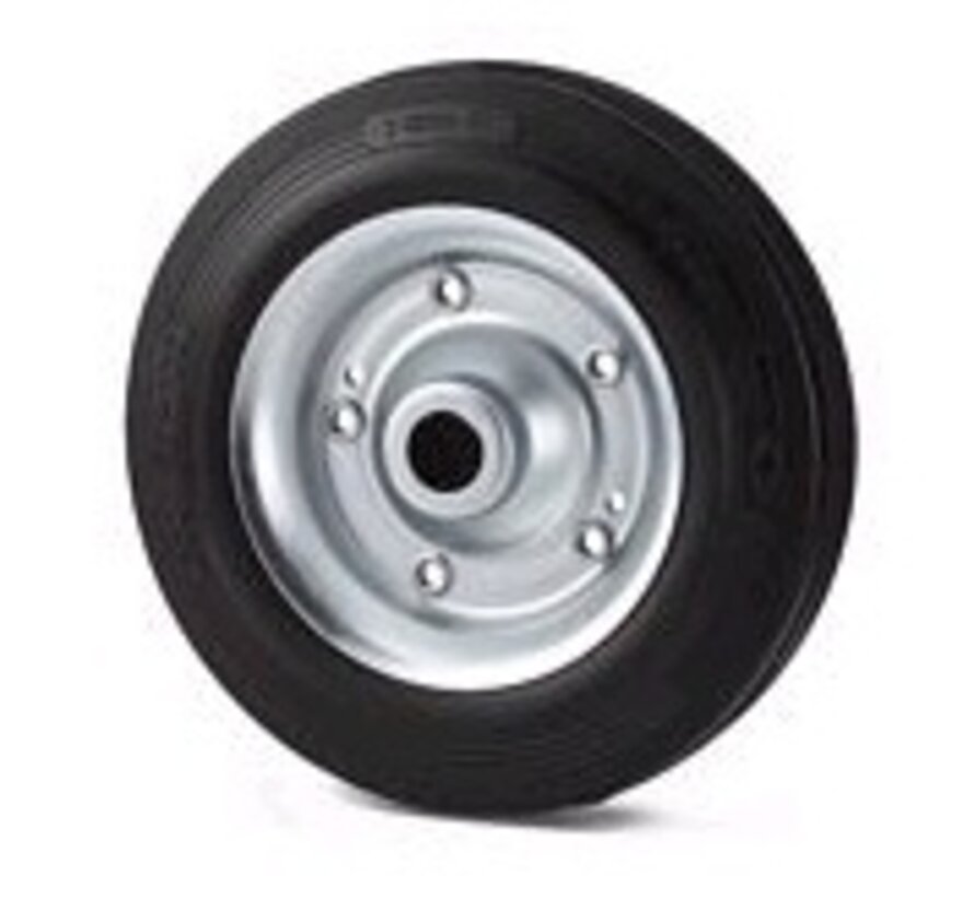 Industrial Wheel Ø125x37.5mm, Black Solid Rubber Tyre, Pressed Steel Wheel Centre, Roller Bearing, Axle Hole Ø15mm, Hub Length 50mm – 130kg Load Capacity