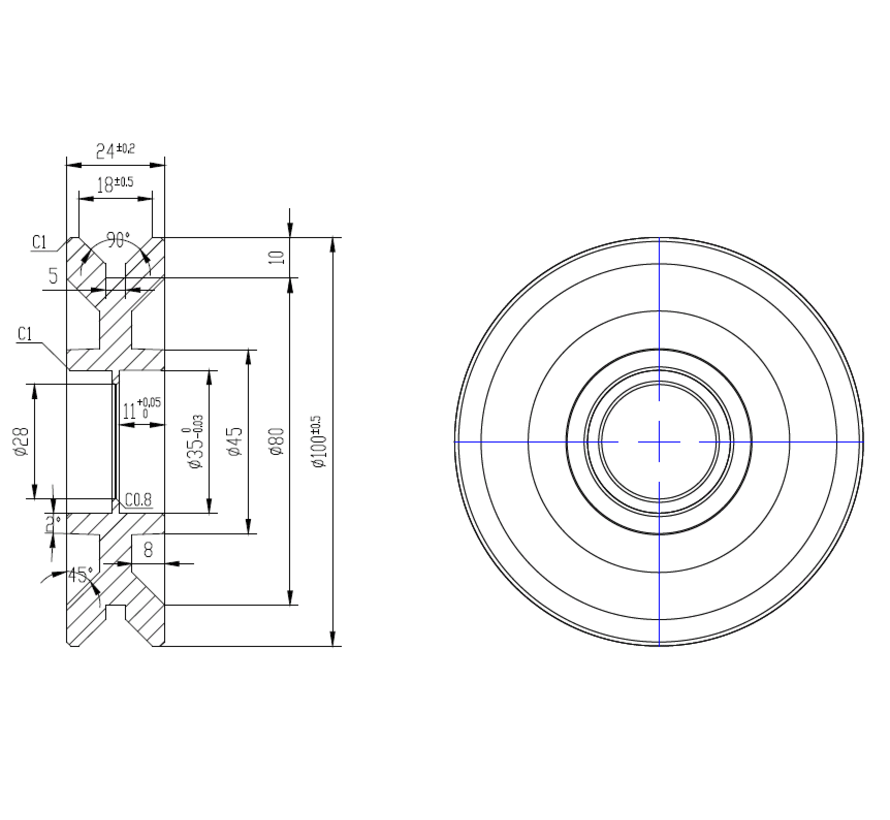 groefwielen, Ø 100 x 24/18mm, massief staal, 300KG