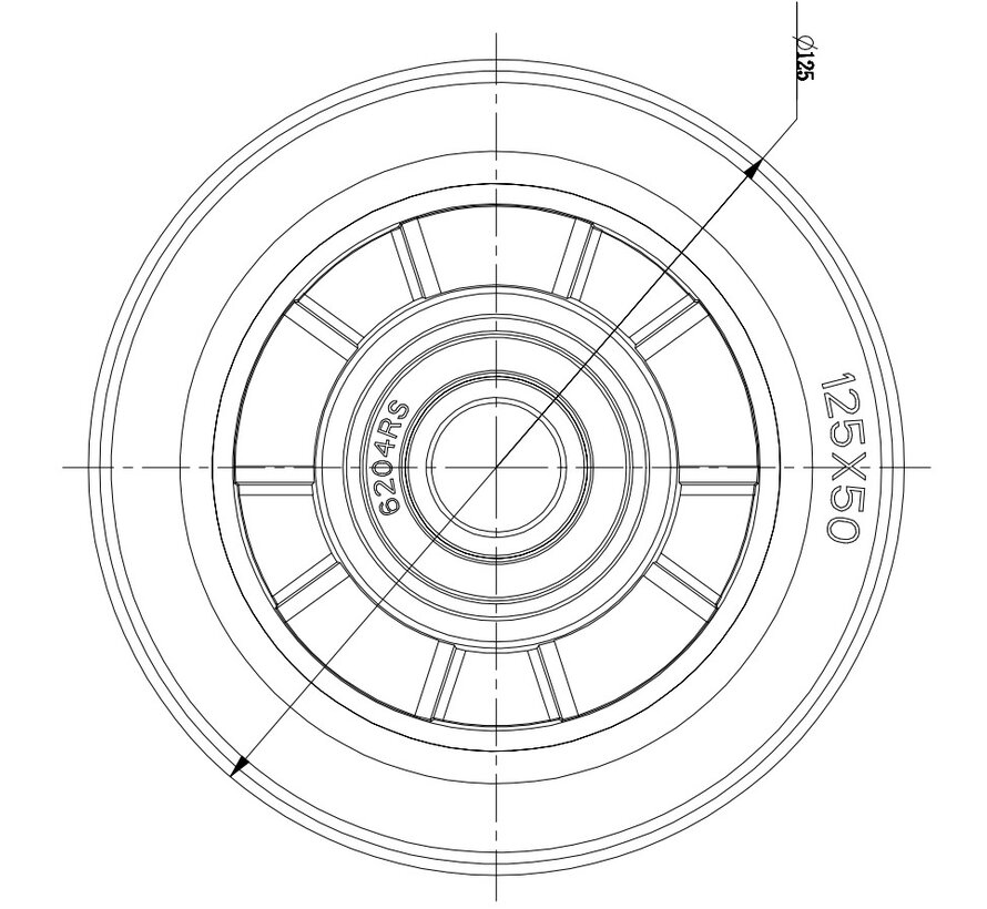 Industrial Wheel from elastic-tyre, precision ball bearing, Wheel-Ø 125mm, 250KG