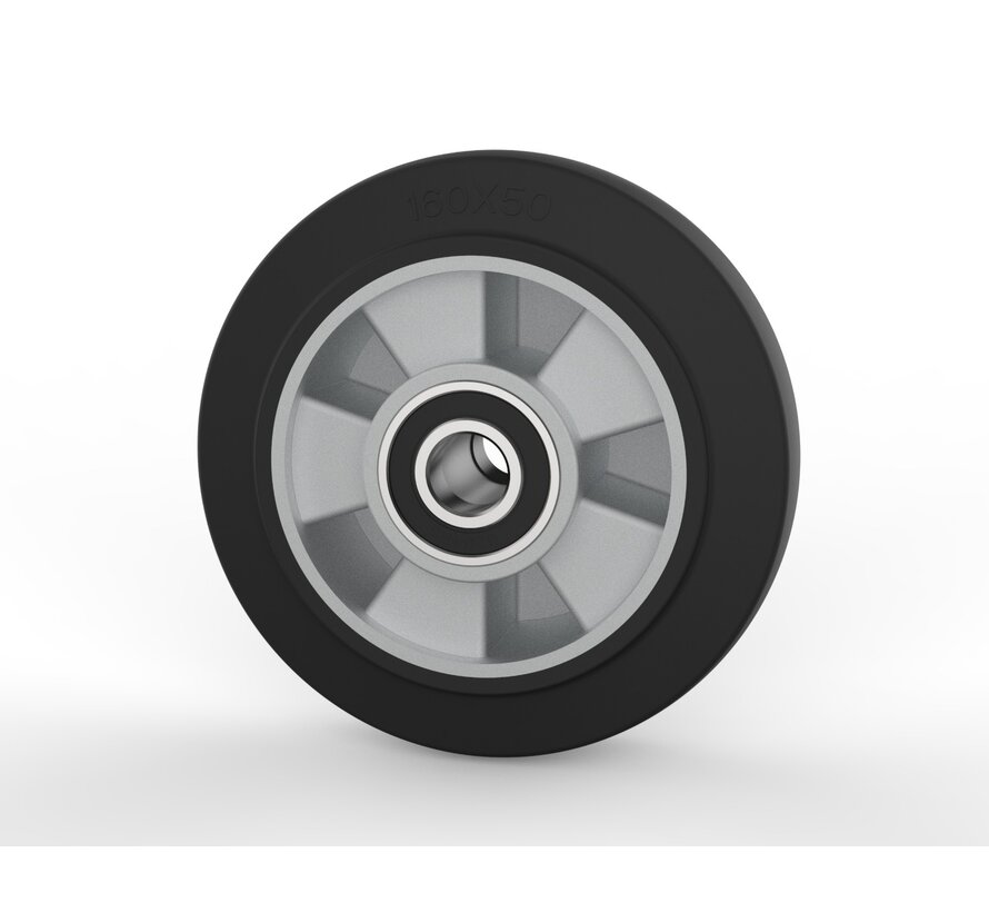 Industrial Wheel Ø160x50mm, Elastic Rubber Tyre, Aluminium Wheel Centre, Precision Ball Bearing, Axle Hole Ø20mm, Hub Length 60mm – 300kg Load Capacity