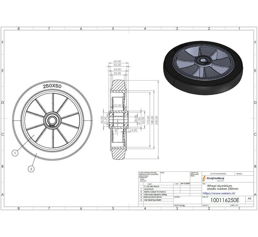 Industrial Wheel from elastic-tyre, precision ball bearing, Wheel-Ø 250mm, 500KG