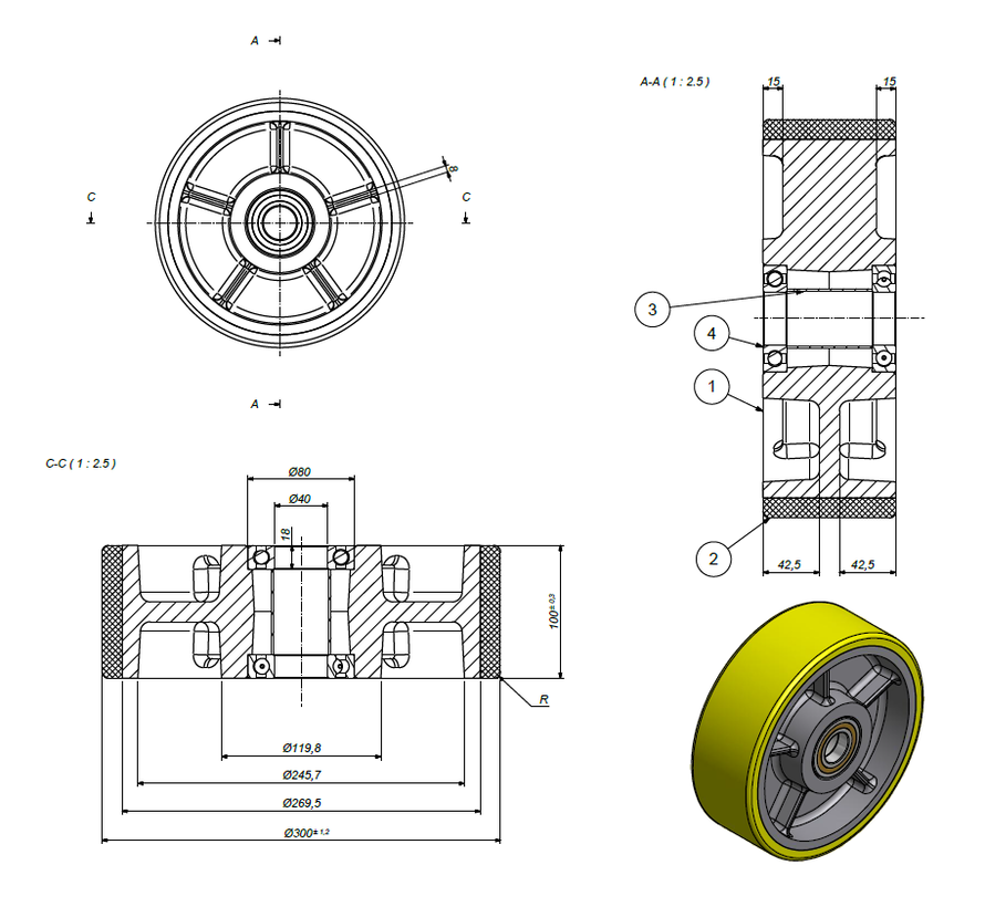Heavy duty Wheel from Vulcanized Polyurethane tread, precision ball bearing, Wheel-Ø 300mm, 3000KG