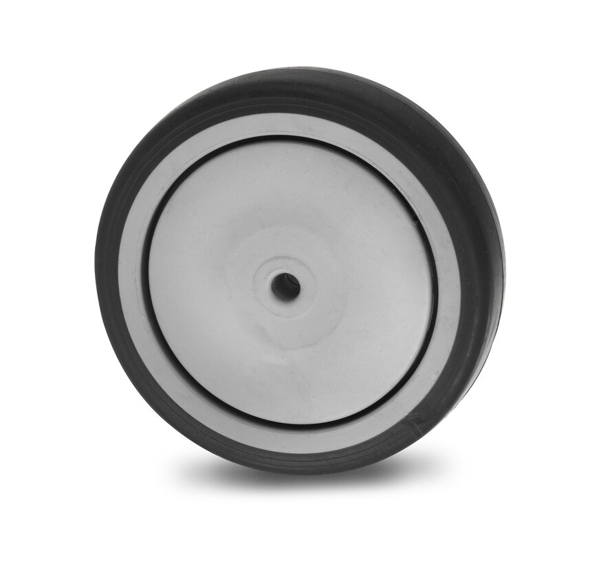 Institutioneel wiel Ø100x32mm, grijze thermoplastische rubber (TPR) niet-markerende band, polypropyleen wielnaaf, centraal precisiekogellager, asgat Ø8,1mm, naaflengte 35,5mm – draagvermogen 100kg