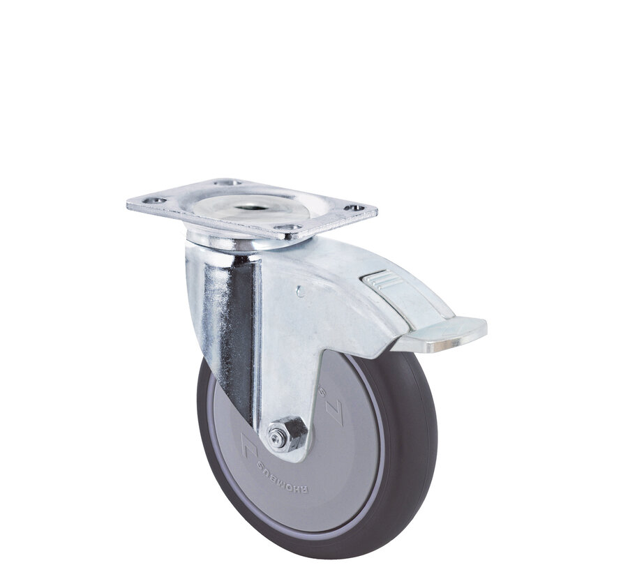 swivel castor with brake, Ø 150 mm, grey non-marking thermoplastic rubber tyre, 120KG