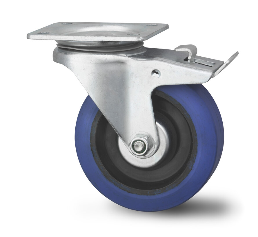 industrial swivel castor with brake from pressed hard steel, plate fitting, elastic-tyre, , Wheel-Ø 125mm, 180KG