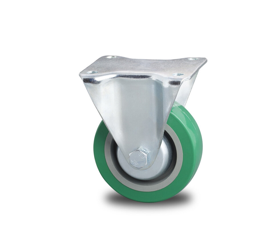 Industriële vaste wielen, Ø100x35mm polyurethaanband, plaatgatafstand 80x60mm, totale hoogte 128mm – draagvermogen 250kg