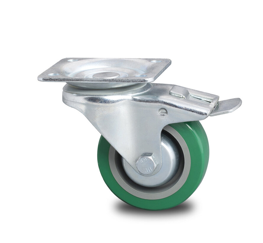 Industrial Reinforced Housing Swivel caster with brake from Pressed hard steel, plate fitting, polyurethane-tyre, roller bearing, Wheel-Ø 100mm, 250KG