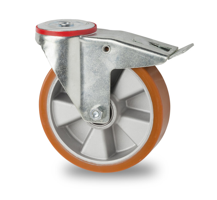 industrial swivel castor with brake from pressed steel, bolt hole, vulcanized polyurethane tread, precision ball bearing, Wheel-Ø 160mm, 300KG