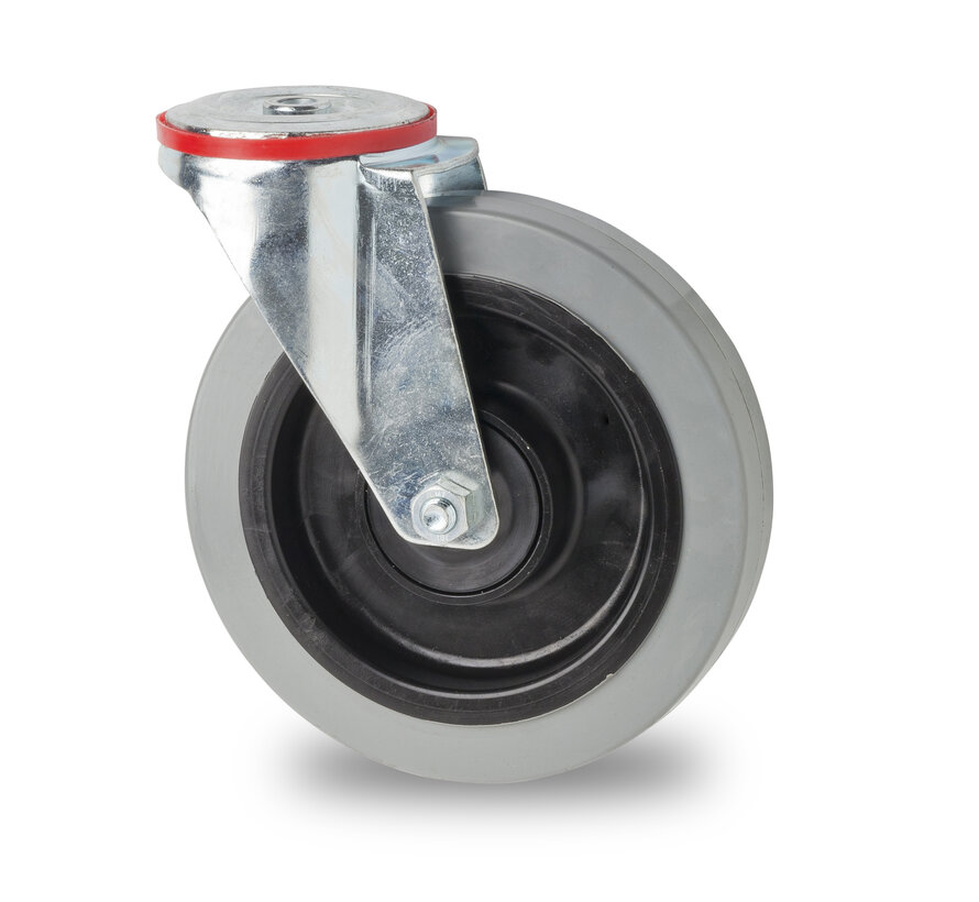 industrial swivel castor from pressed steel, bolt hole, elastic-tyre, 2-RS precision ball bearings, Wheel-Ø 125mm, 200KG