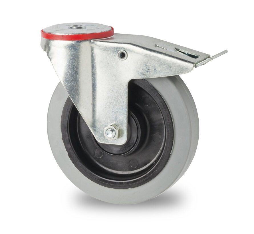 industrial swivel castor with brake from pressed steel, bolt hole, elastic-tyre, 2-RS precision ball bearings, Wheel-Ø 100mm, 150KG