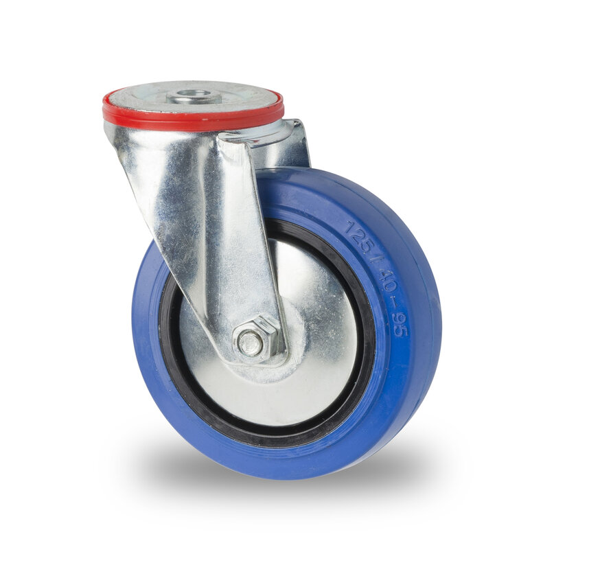 industrial swivel castor from pressed steel, bolt hole, elastic-tyre, roller bearing, Wheel-Ø 100mm, 150KG