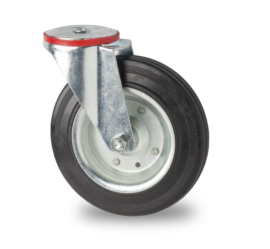 industrial swivel castor from pressed steel, bolt hole, rubber, black, roller bearing, Wheel-Ø 100mm, 80KG