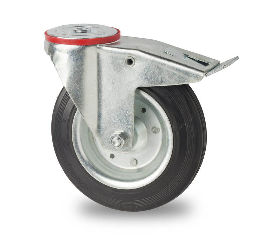 industrial swivel castor with brake from pressed steel, bolt hole, rubber, black, roller bearing, Wheel-Ø 80mm, 65KG