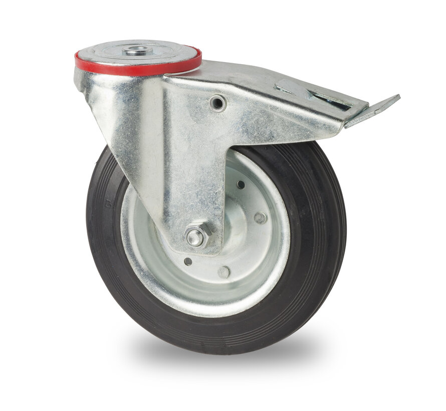 industrial swivel castor with brake from pressed steel, bolt hole, rubber, black, roller bearing, Wheel-Ø 100mm, 80KG