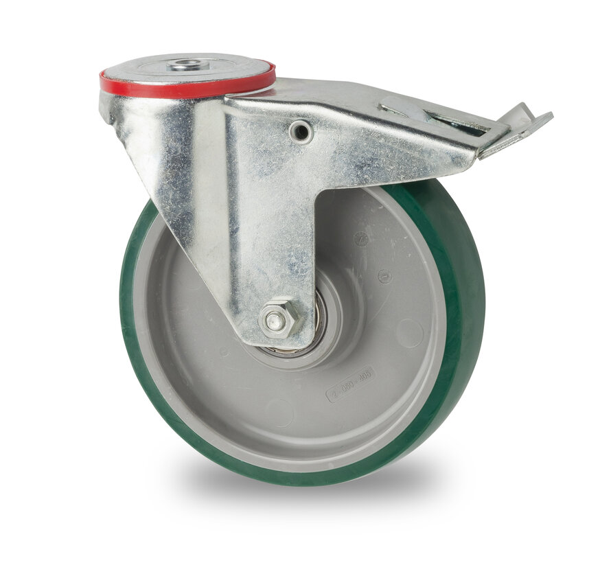 industrial swivel castor with brake from pressed steel, bolt hole, injected polyurethane, precision ball bearing, Wheel-Ø 125mm, 200KG