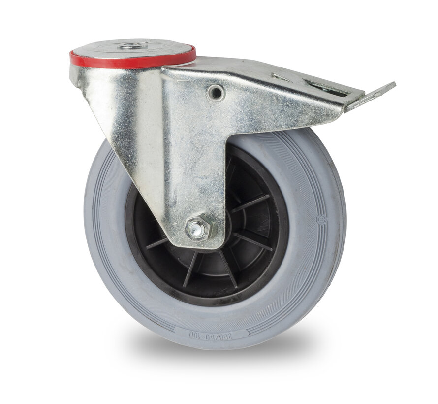 industrial swivel castor with brake from pressed steel, bolt hole, rubber, gray, roller bearing, Wheel-Ø 80mm, 65KG