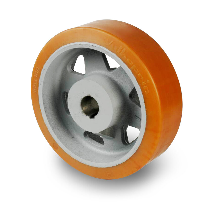 heavy duty drive wheel Vulkollan® Bayer tread welded steel core, H7-bore feather keyway DIN 6885 JS9, Wheel-Ø 300mm, 1400KG