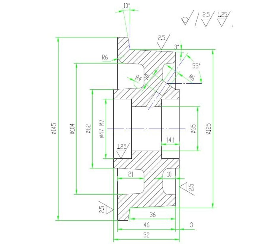 flenswiel, Ø 125mm, gietijzer wiel, 1000KG