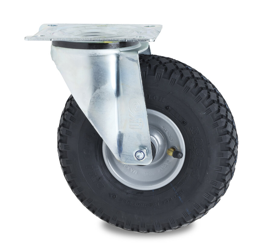 Industrial swivel castor from pressed steel, plate fitting, pneumatic tyre block profile, roller bearing, Wheel-Ø 260mm, 150KG
