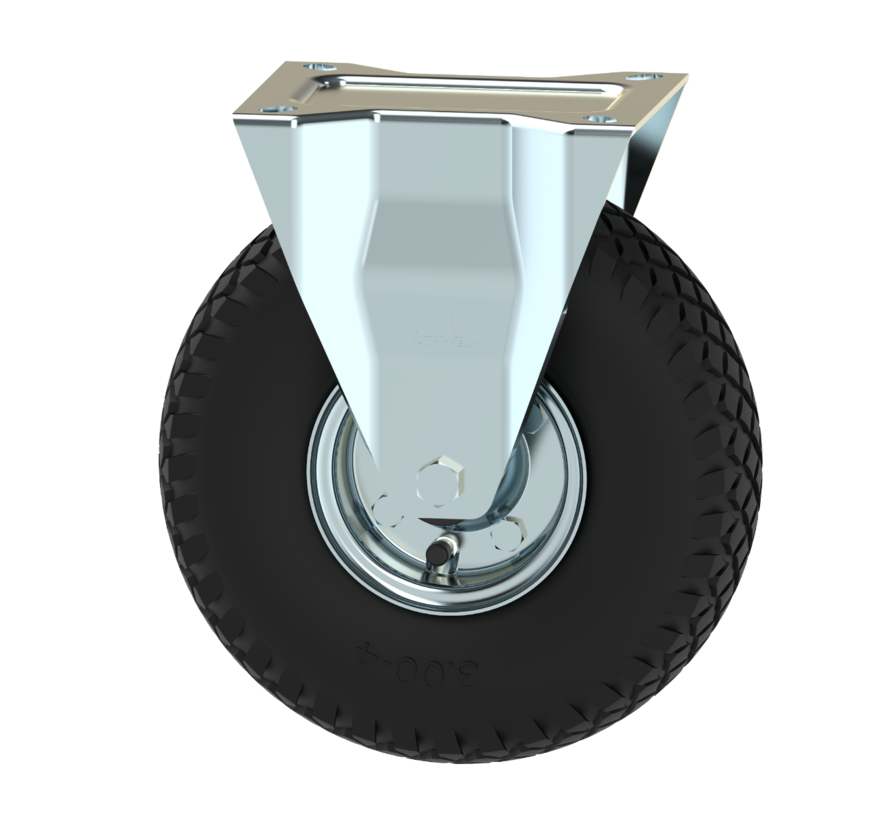 Industrial Fixed castor from pressed steel, plate fitting, pneumatic tyre block profile, roller bearing, Wheel-Ø 260mm, 150KG